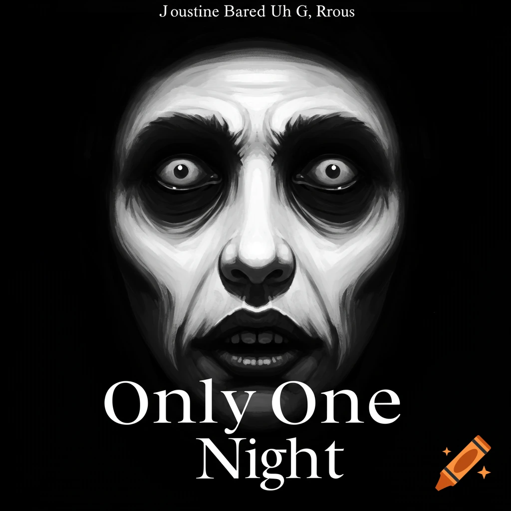 A black and white creepy face on a book cover with the title "Only One Night".