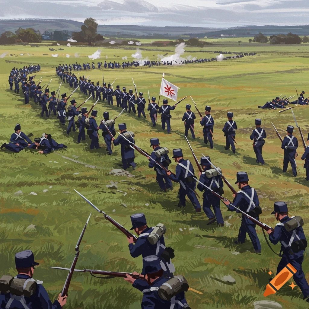 Soldiers in blue uniforms marching in oblique order across a grassy field during a battle.