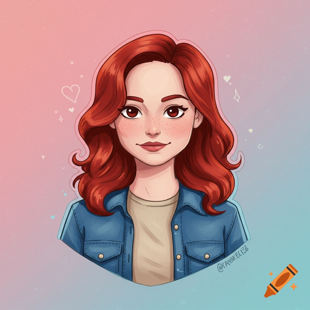 Cartoon portrait of a woman with red hair and freckles wearing a denim jacket.
