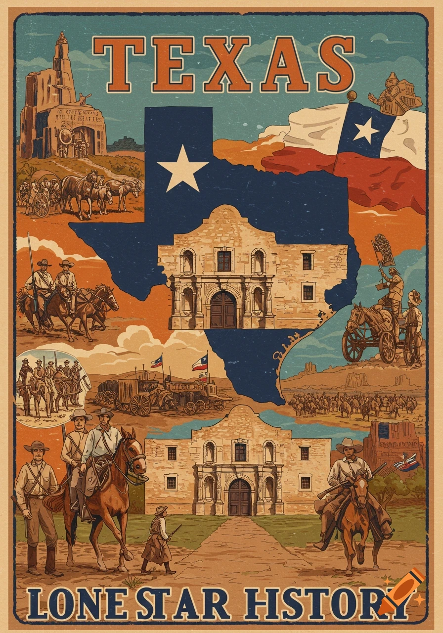 Vintage style poster of Texas history featuring map, flag, Alamo, cowboys, wagons, and text 'TEXAS' and 'LONE STAR HISTORY'.