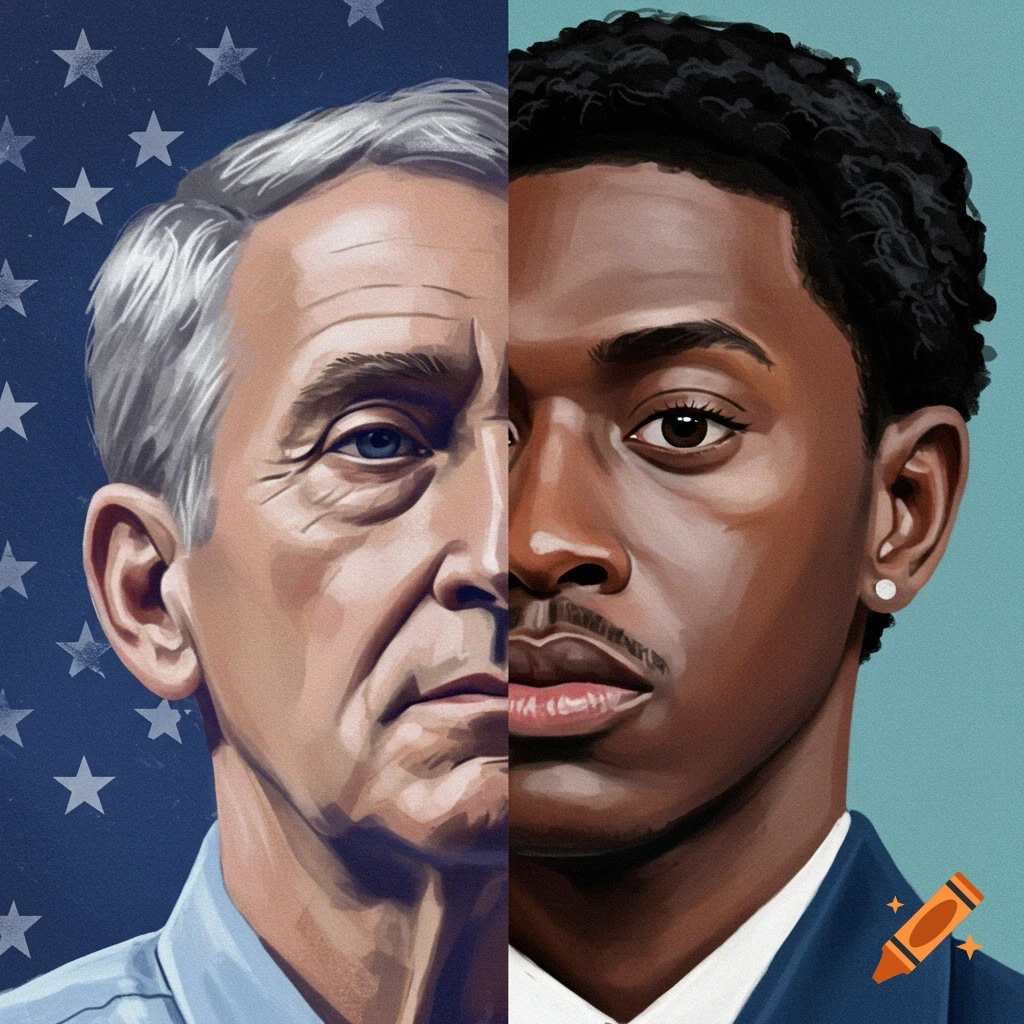 Split image of an older white man and a younger Black man with US flag stars.