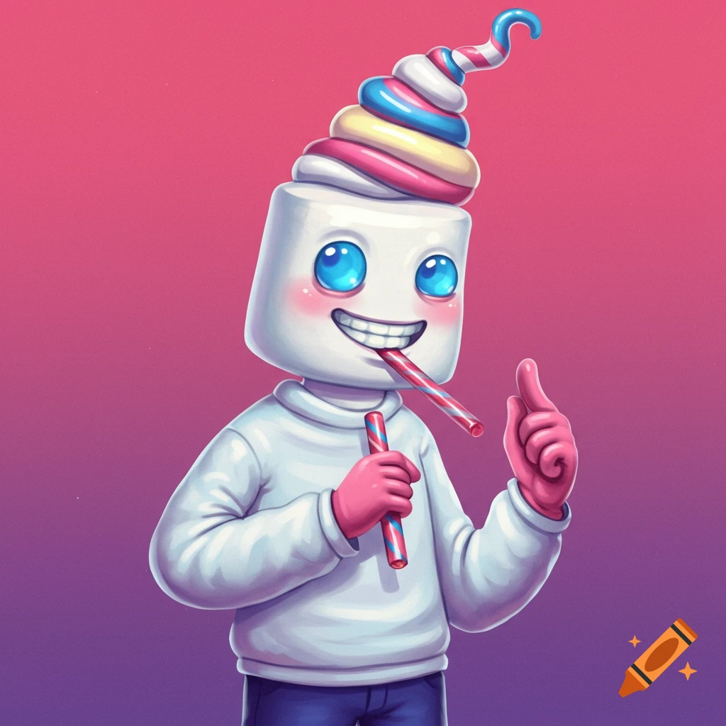 A cute marshmallow character with a swirled candy hat, smiling and holding a candy stick.