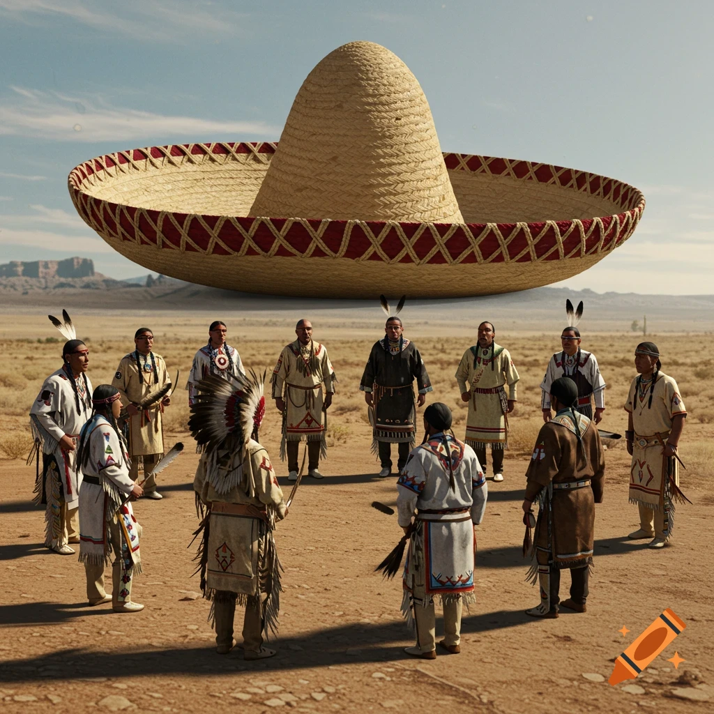 Native Americans stand in a circle in the desert around a gigantic sombrero hat.