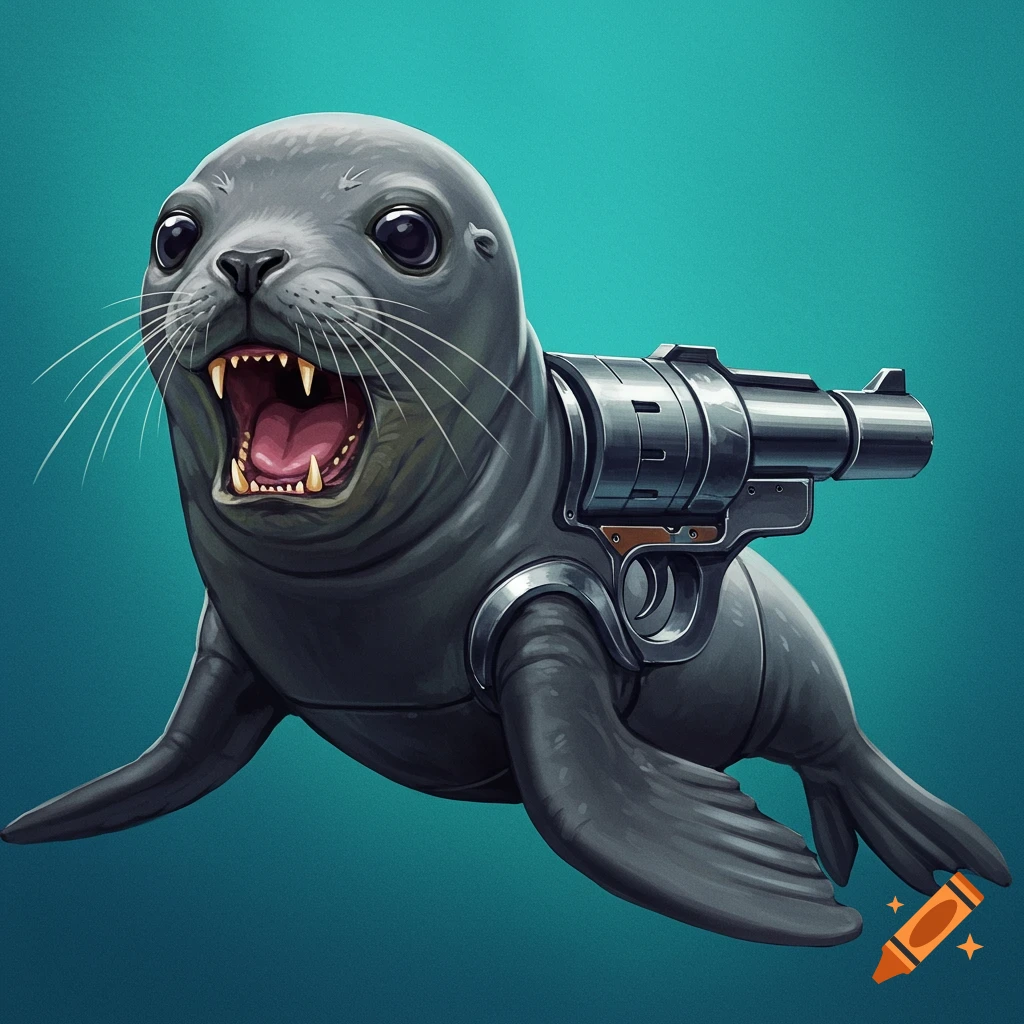 A seal with a revolver attached to its back.