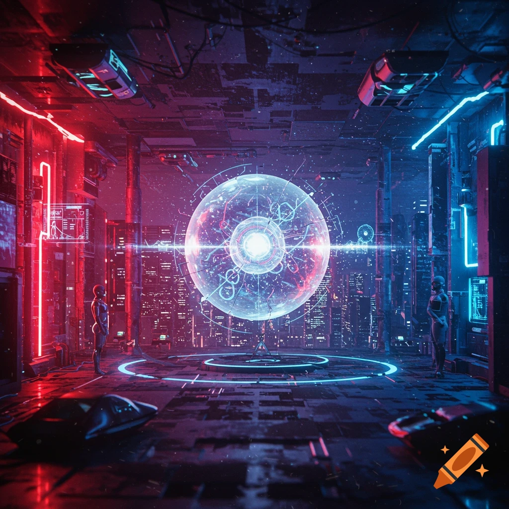 Futuristic scene with two figures in a neon-lit room looking at a large glowing sphere, with a cityscape in the background.
