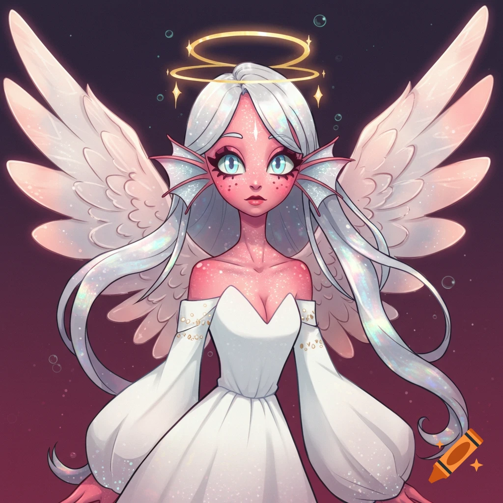 A stylized fantasy character with angel wings, a halo, and fish fins, wearing a white dress.
