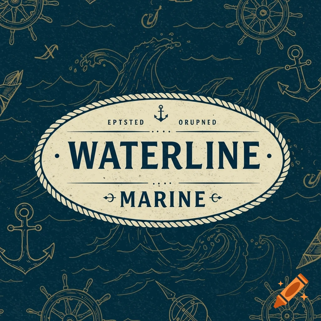 Vintage style nautical logo with text 'Waterline Marine' on an oval rope frame, set against a background of waves, anchors, and ship wheels.
