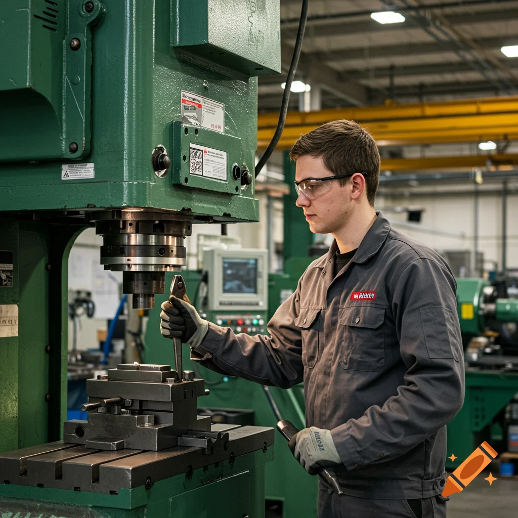 A worker operates an industrial press machine in a factory setting.