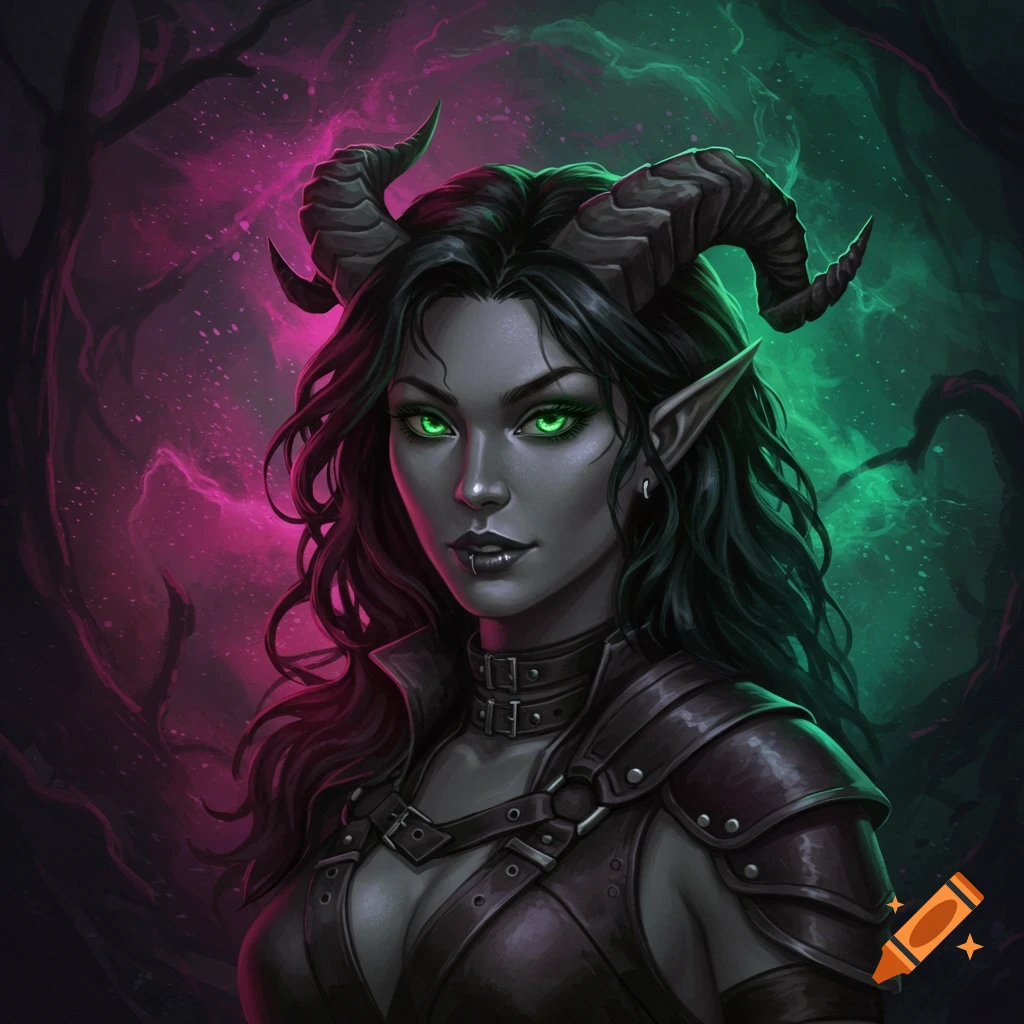 A tiefling woman with grey skin and green eyes