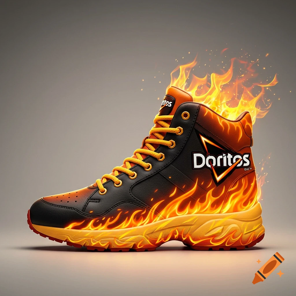 A black and orange sneaker with a Doritos logo and flames around the sole.