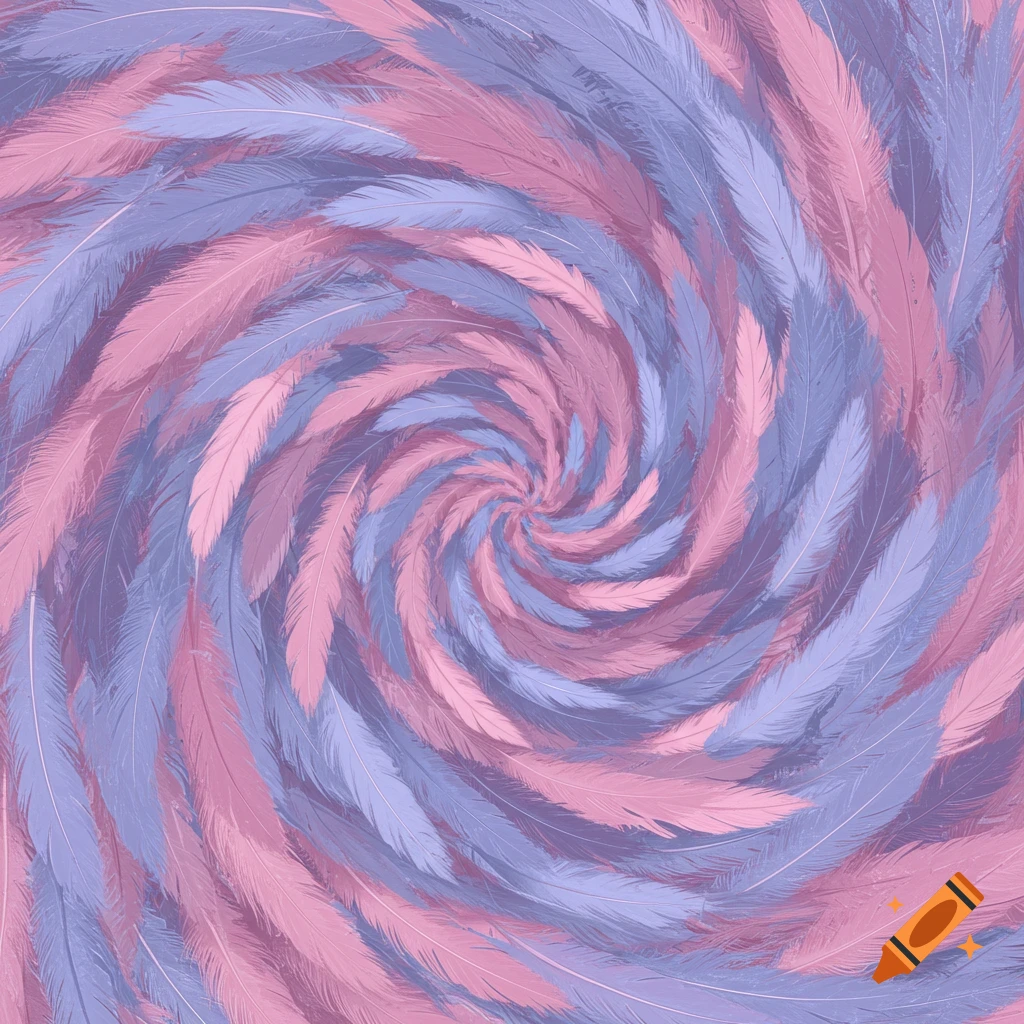 A swirling pattern of pink and blue feathers.