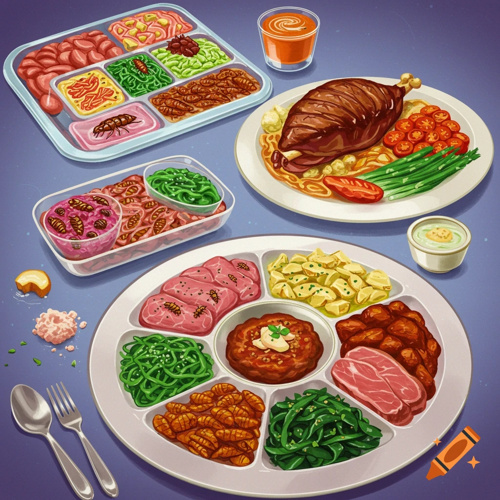 Various future food dishes laid out on a blue surface, including meat, vegetables, and insects.