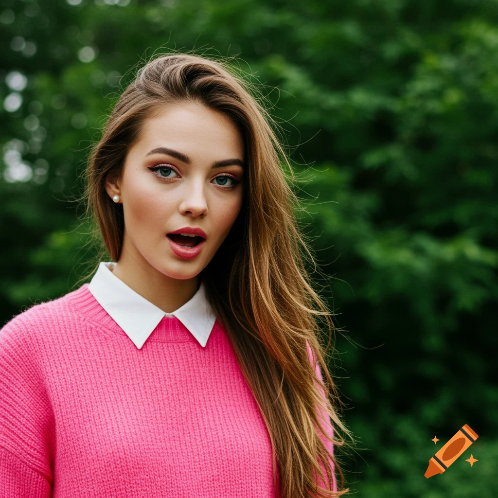 Young woman in a pink sweater and white collar looks surprised against green foliage.