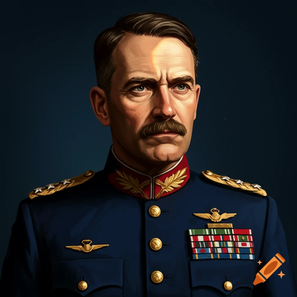 A man in a blue military uniform with a mustache