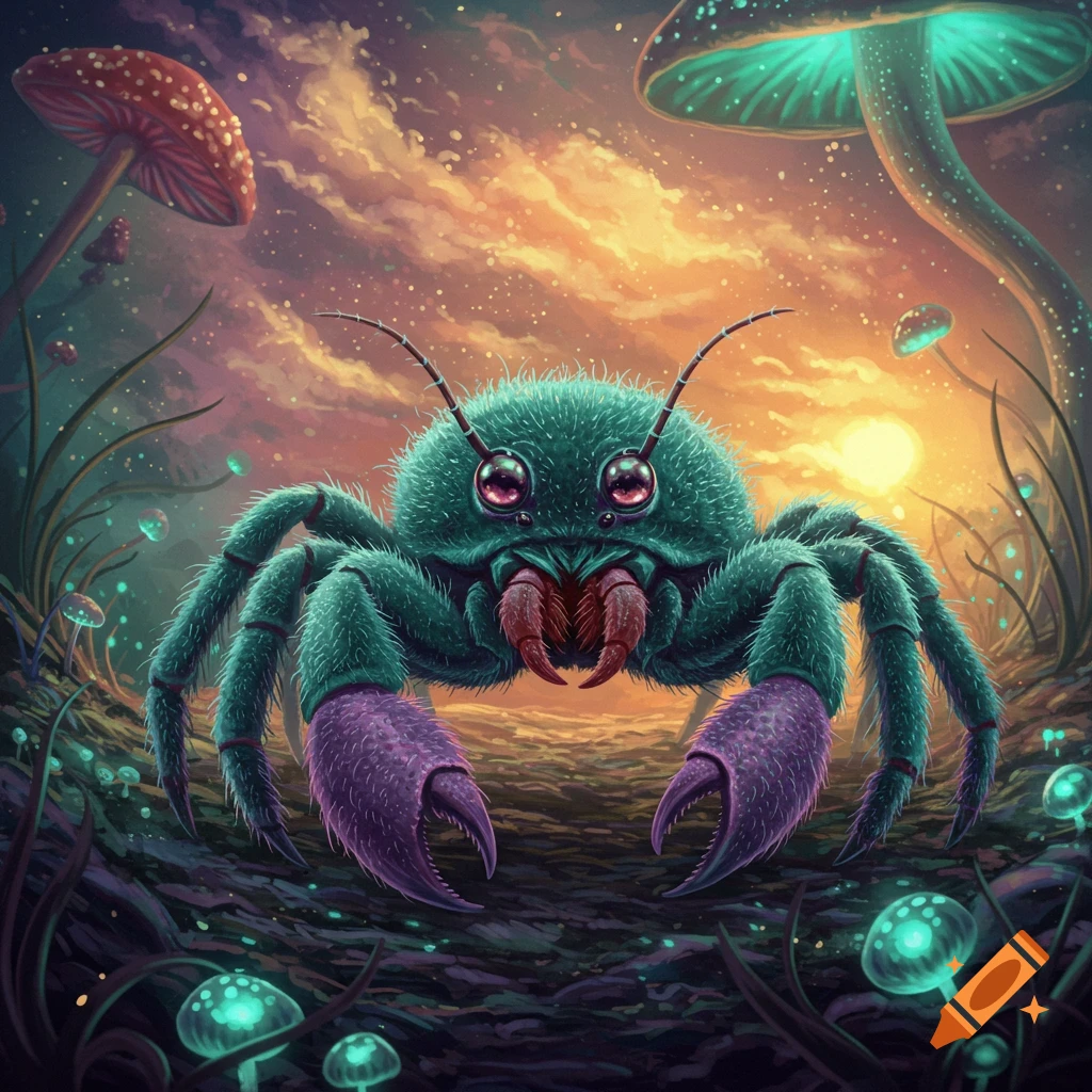 A fuzzy teal and purple crab-like creature sits in a glowing mushroom forest at sunset.