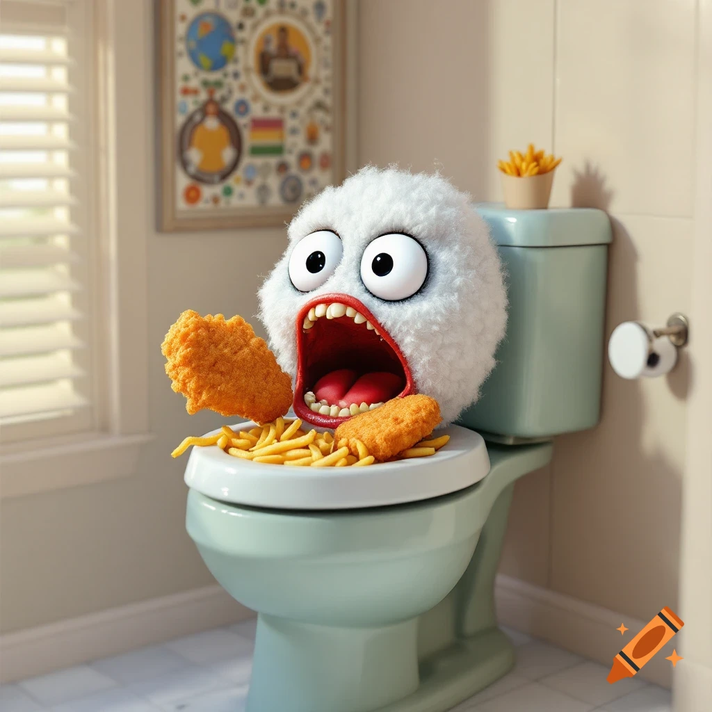 A fluffy white creature with big eyes sits on a toilet eating chicken nuggets and french fries.