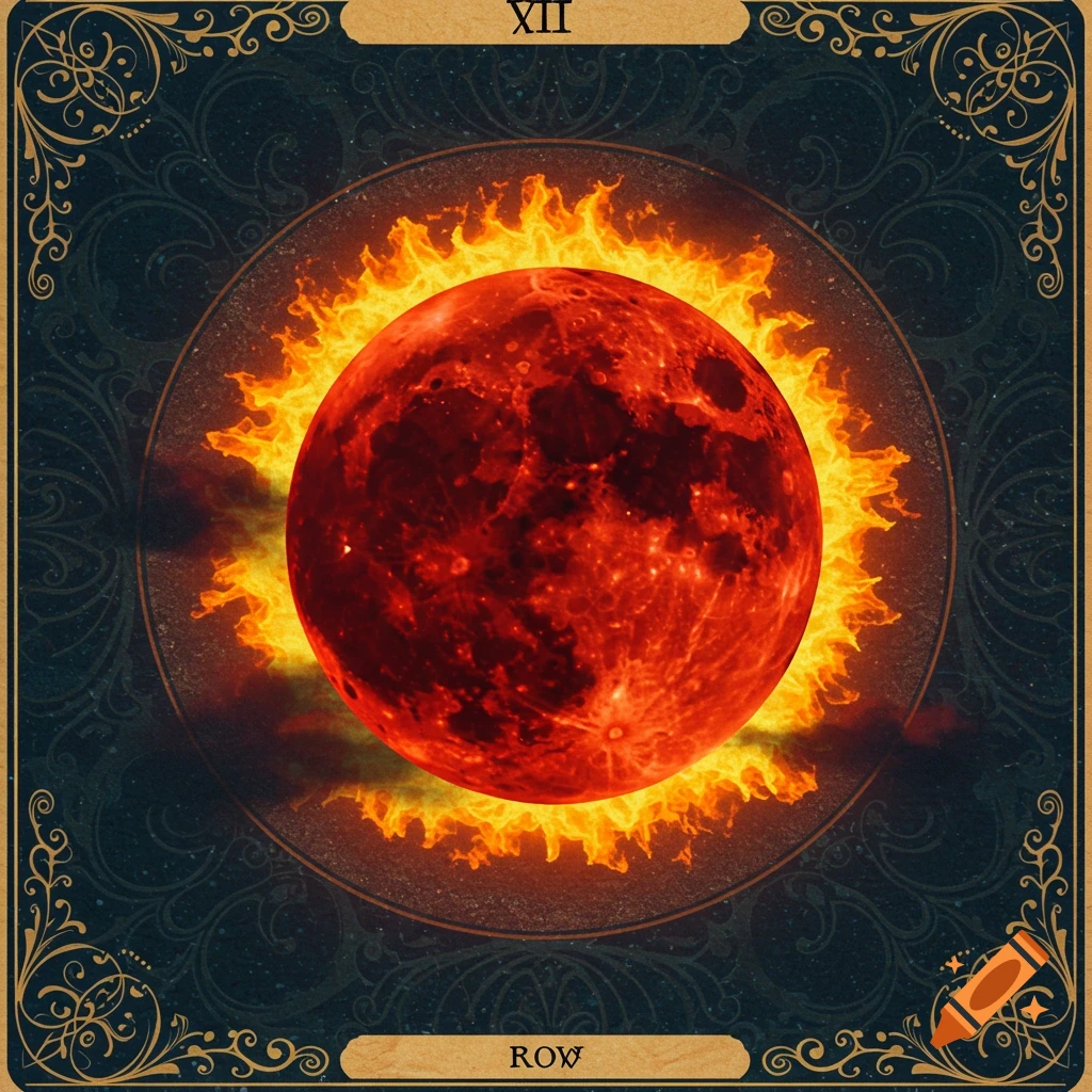 A blood moon with a fiery halo is depicted within an ornate tarot card frame.