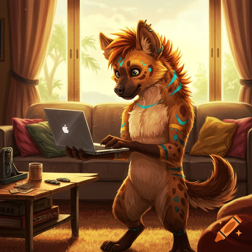 A furry hyena character stands in a living room, holding a laptop.