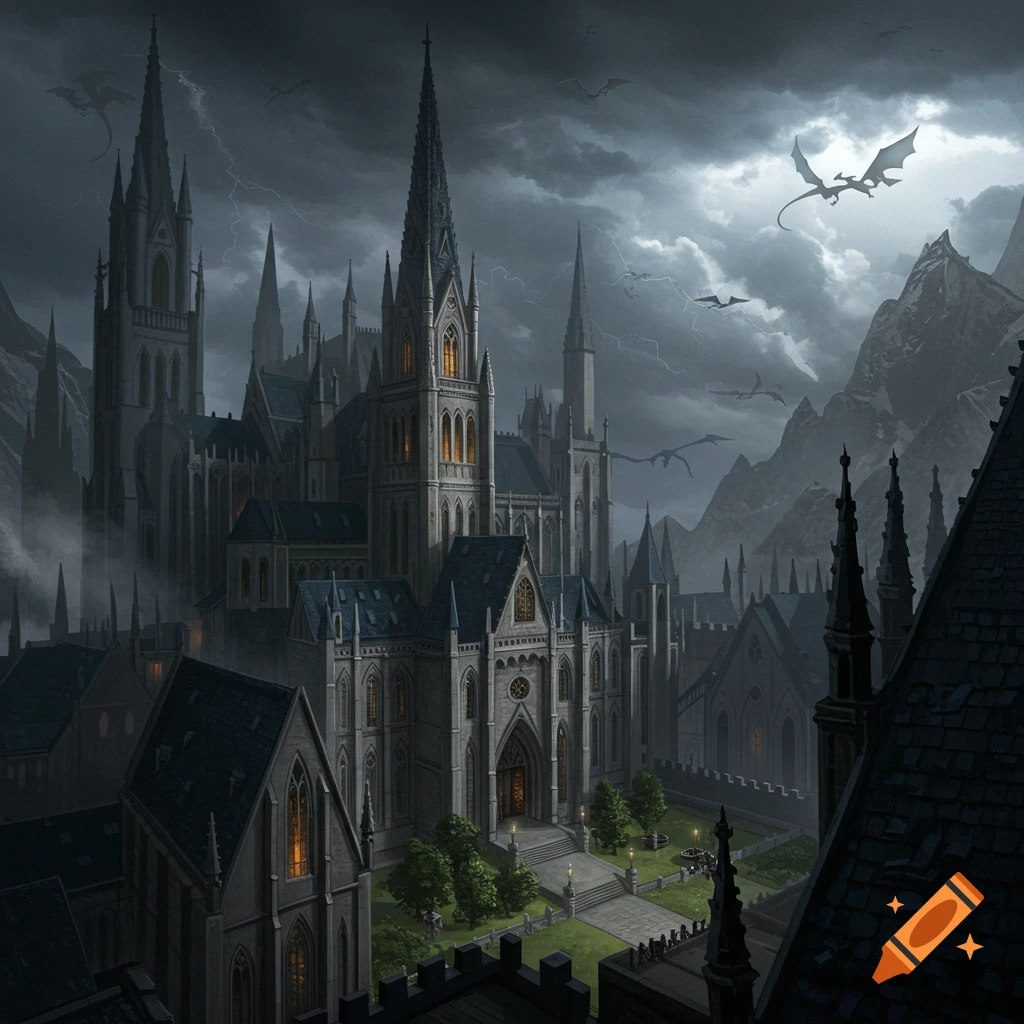 A gothic war college stands under a stormy sky with flying dragons