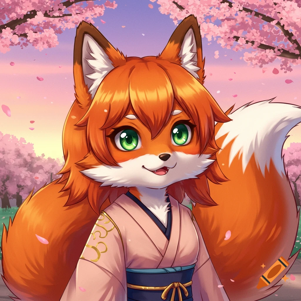Anime style furry fox girl in a pink kimono under cherry blossoms.