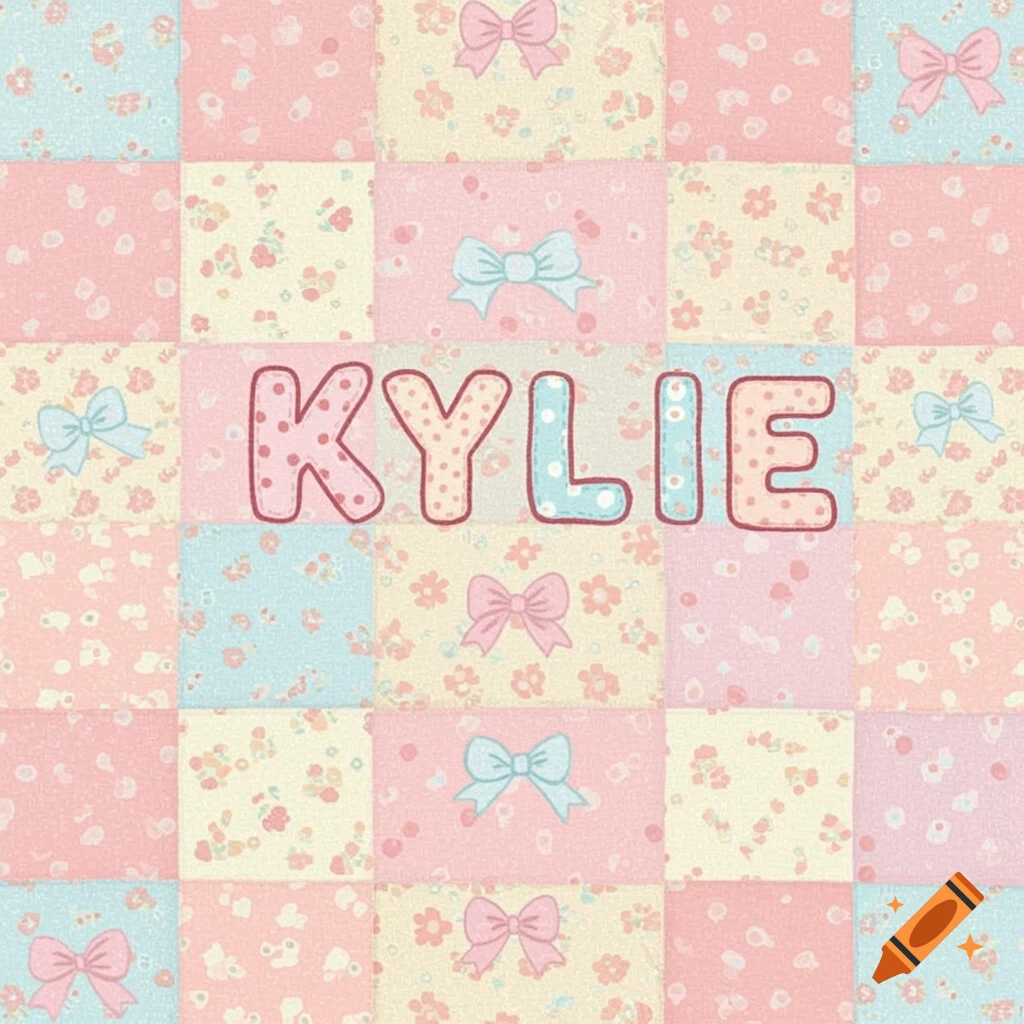 Pastel pink and blue patchwork quilt with floral and bow patterns and the name KYLIE stitched on it.