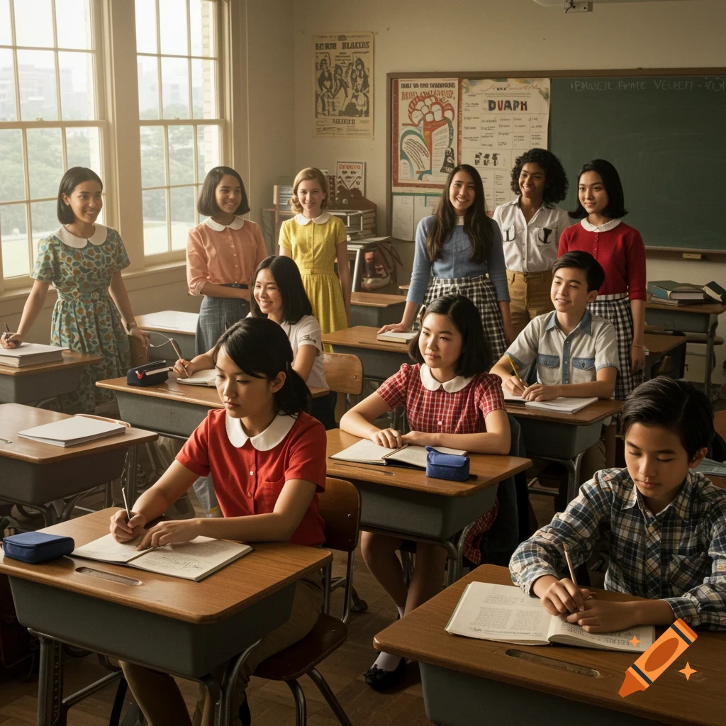 Diverse students sit at desks in a 1960s classroom, writing and looking forward.