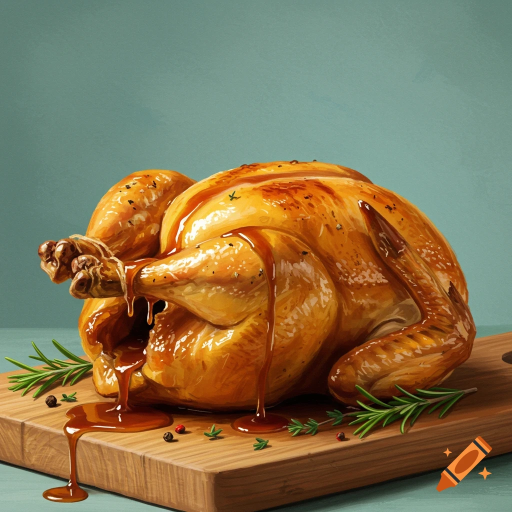 Roasted chicken with gravy, rosemary, and peppercorns on a cutting board.