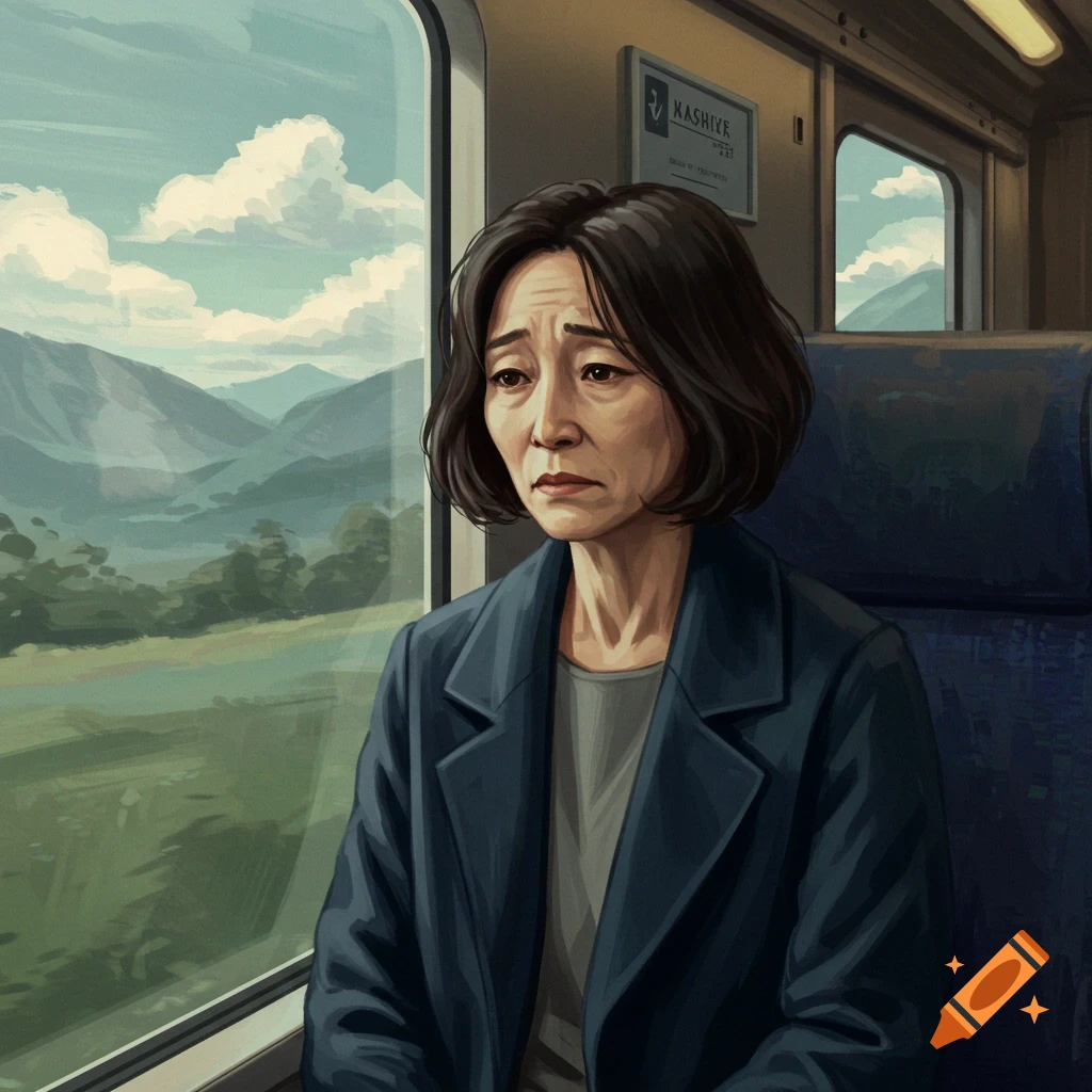 A sad woman in a blue jacket sits on a train looking out the window.