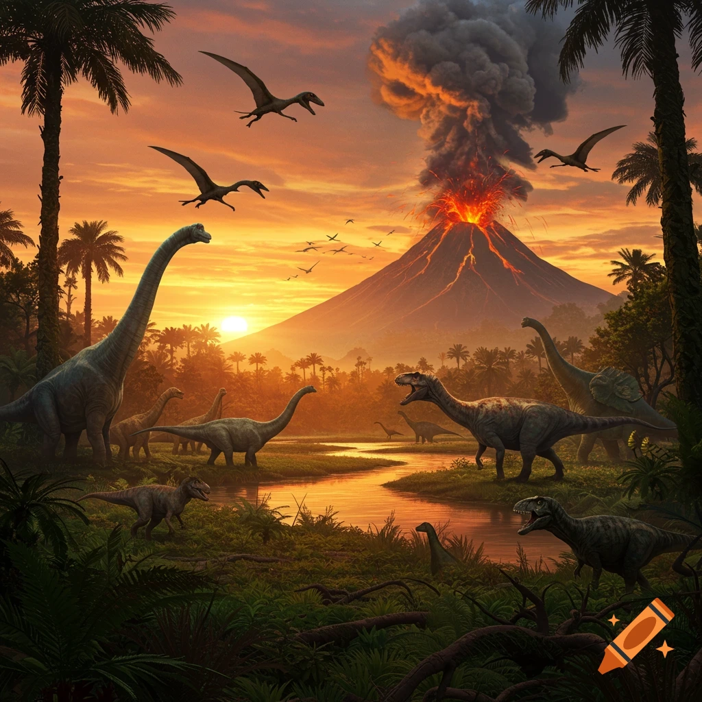 Dinosaurs in a prehistoric landscape with a river and erupting volcano at sunset.