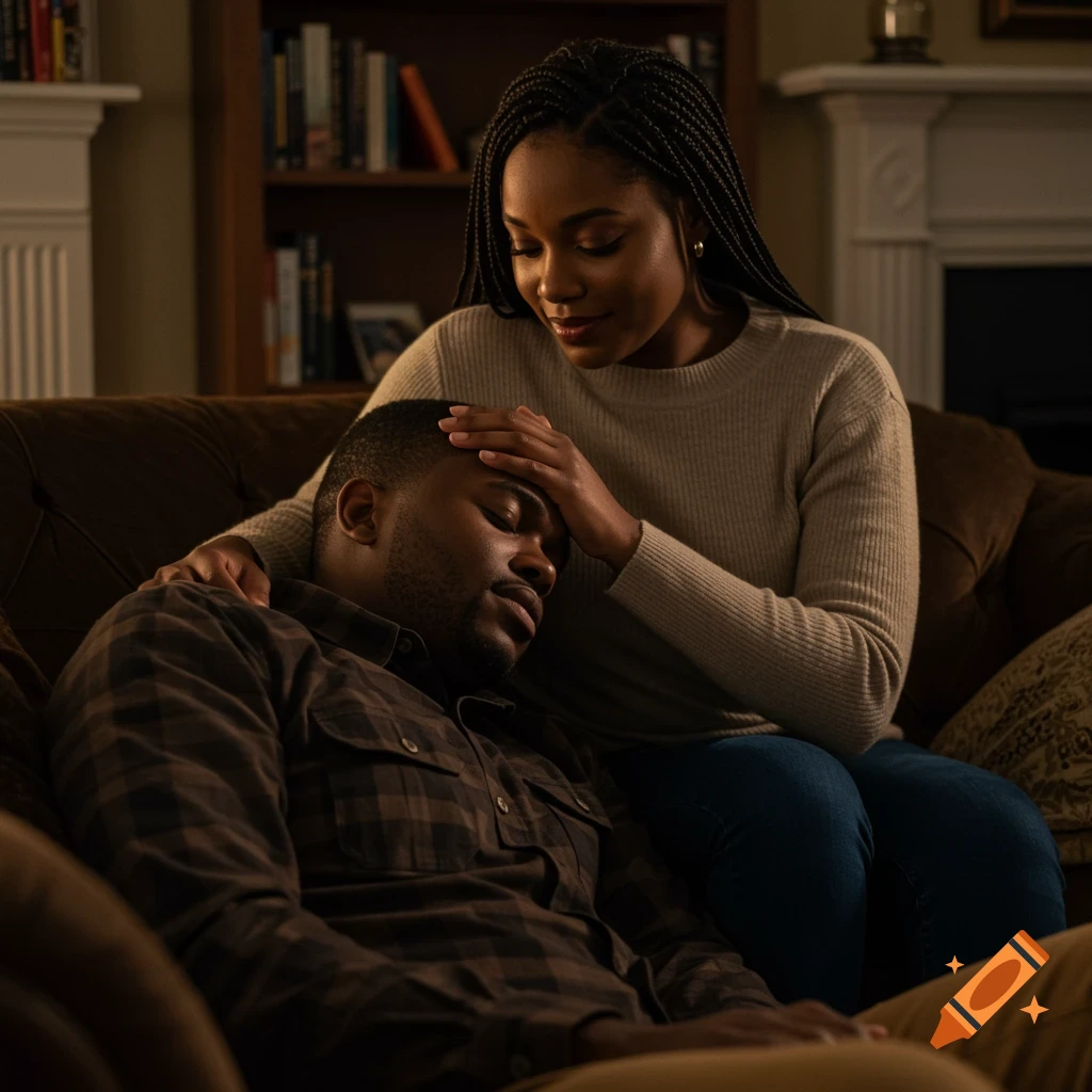 A Black woman comforts a sleeping Black man on a couch in a living room. Photorealistic.