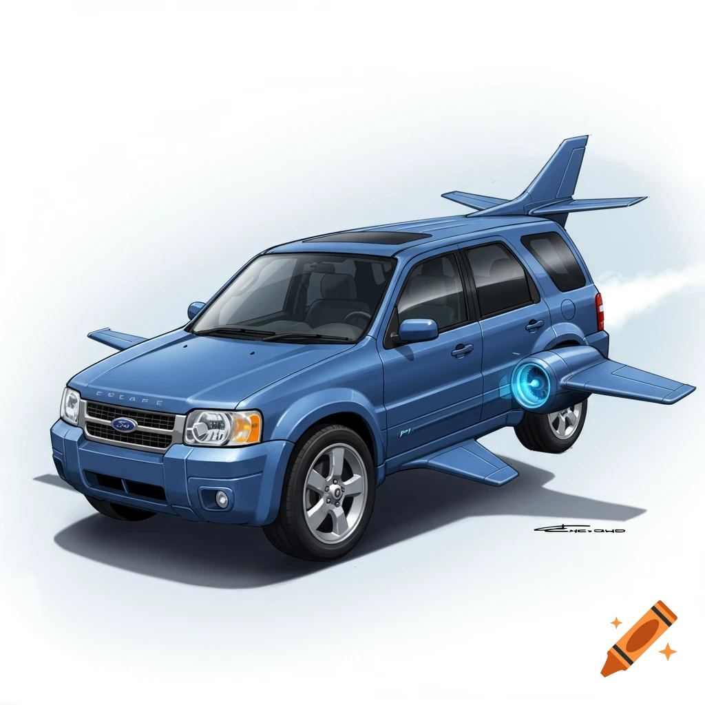 A blue Ford Escape SUV with airplane wings, tail, and a jet engine.