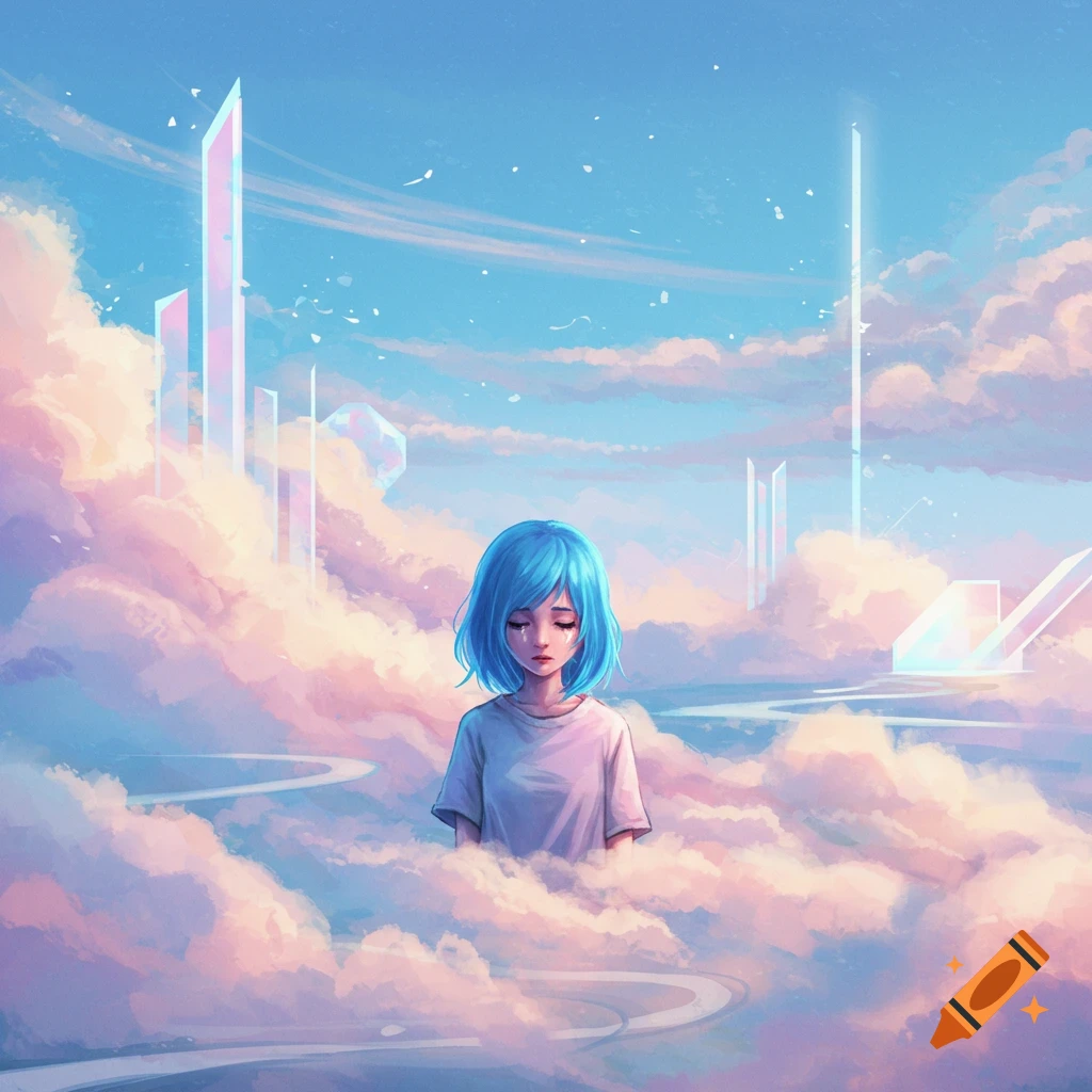 A blue-haired person in clouds with an abstract city in the background