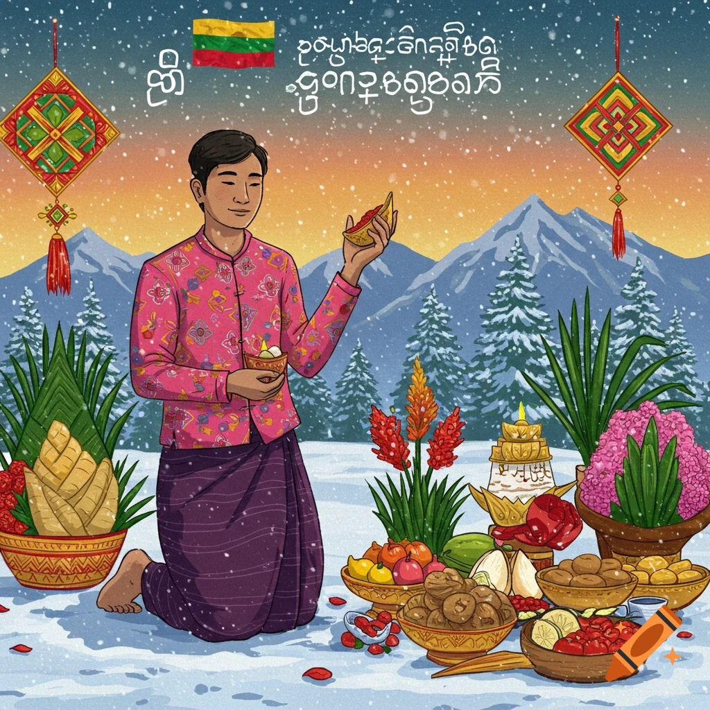 A person in traditional clothing kneels with offerings in the snow during Myanmar New Year.