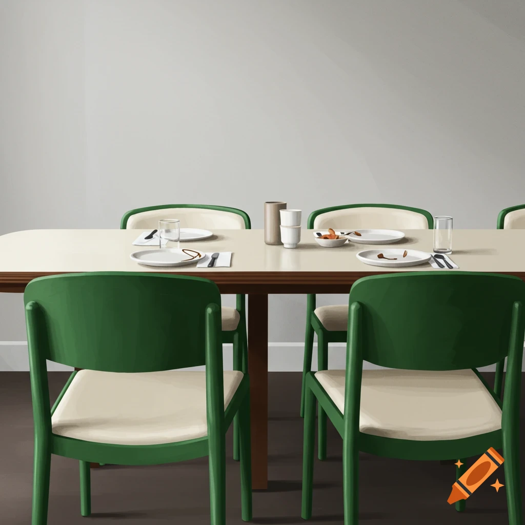 A dining table set with plates and glasses, surrounded by green and cream chairs.