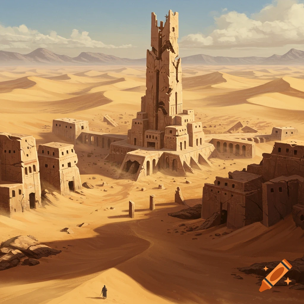 Ancient desert ruins featuring a tall, crumbling central tower with a small figure walking in the foreground.