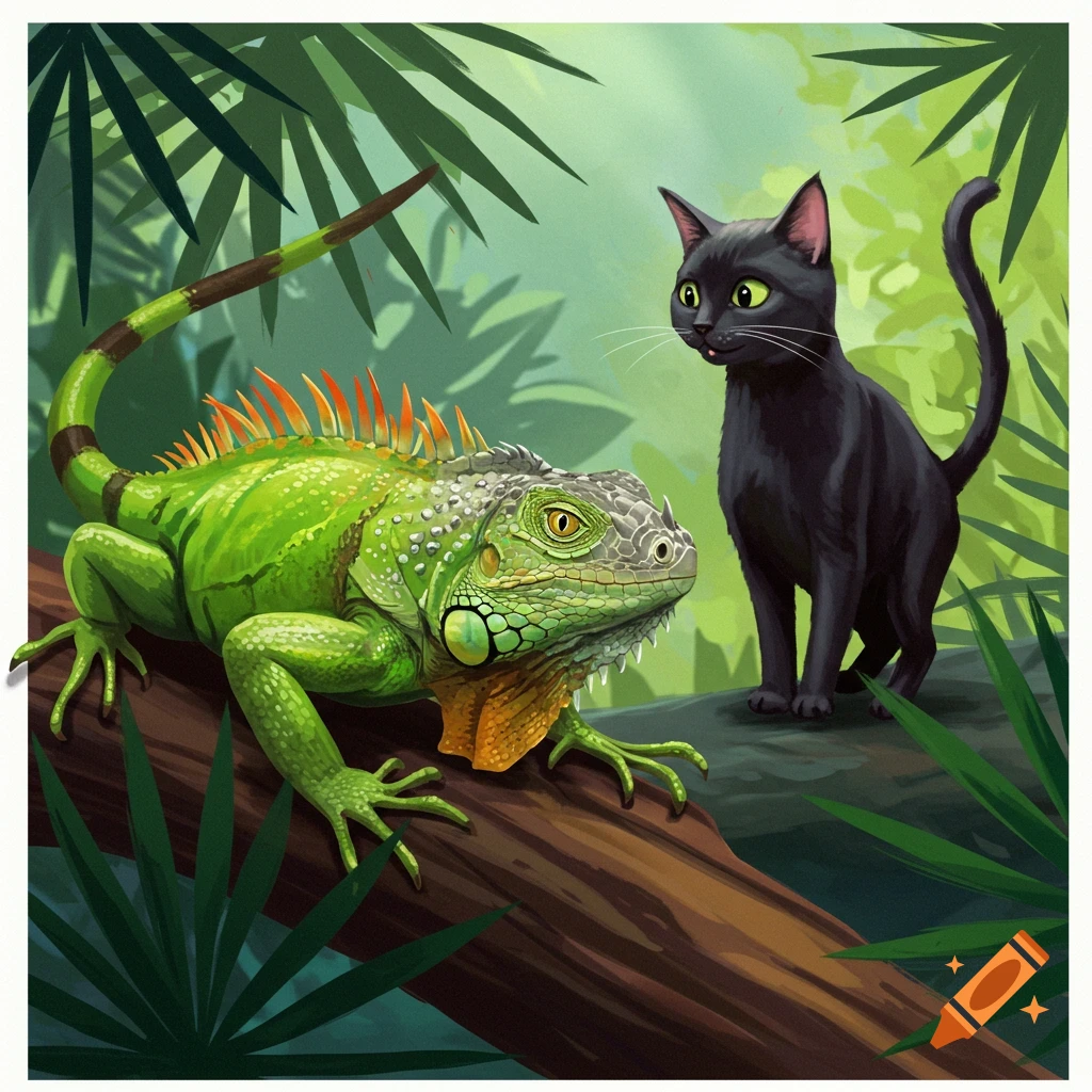 A green iguana and a black cat sit on a log in a lush jungle setting.