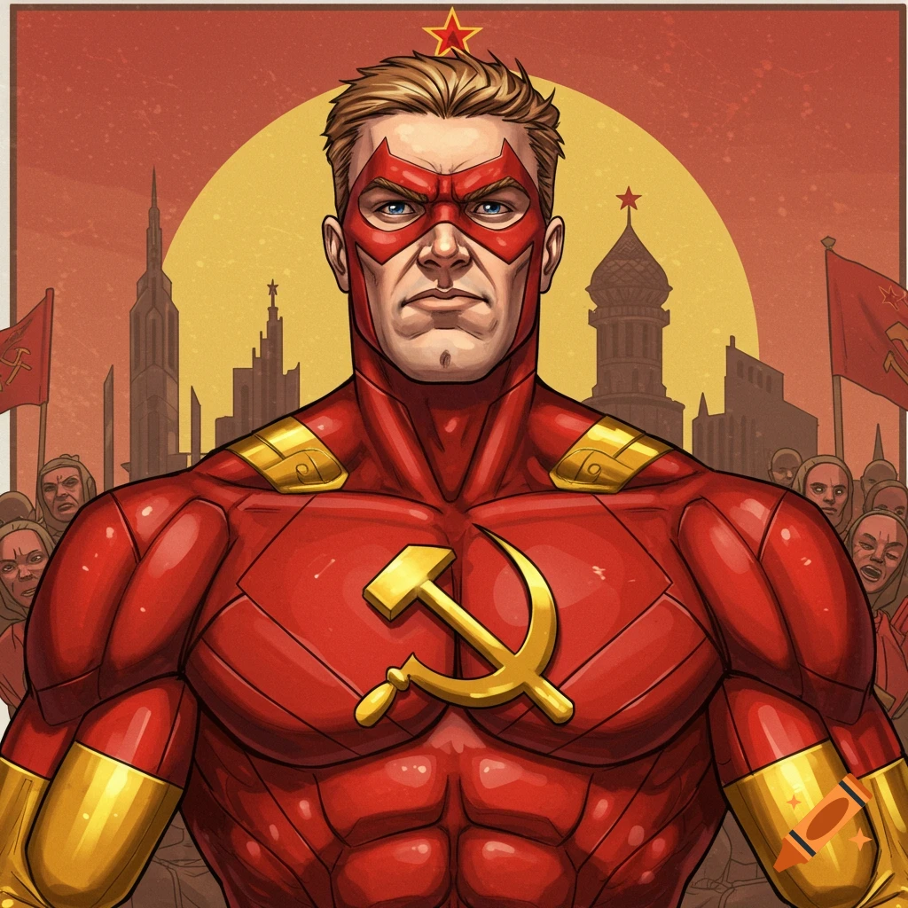 A communist superhero in a red and gold suit with a hammer and sickle emblem stands in front of a crowd and buildings.