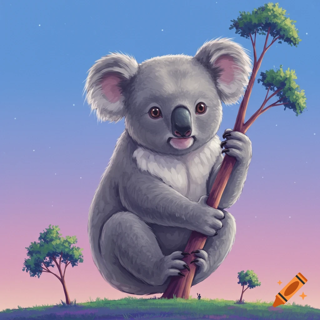 A huge koala sitting on a tiny tree.