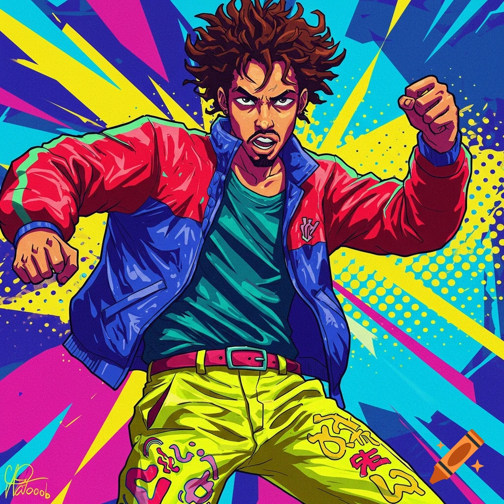 A man in vibrant clothes strikes a pose against a colorful, abstract background.