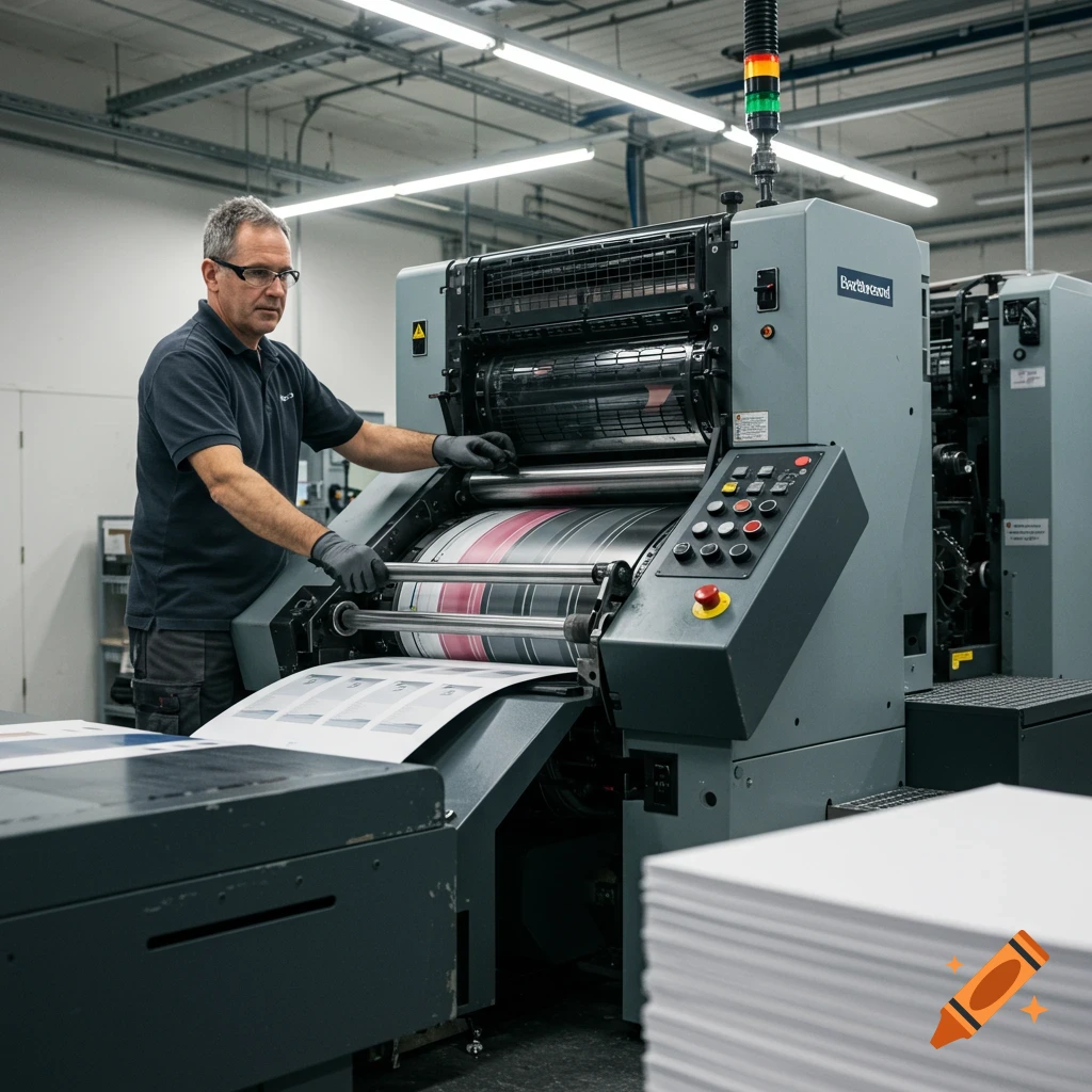 A press operator works at a large industrial printing machine.