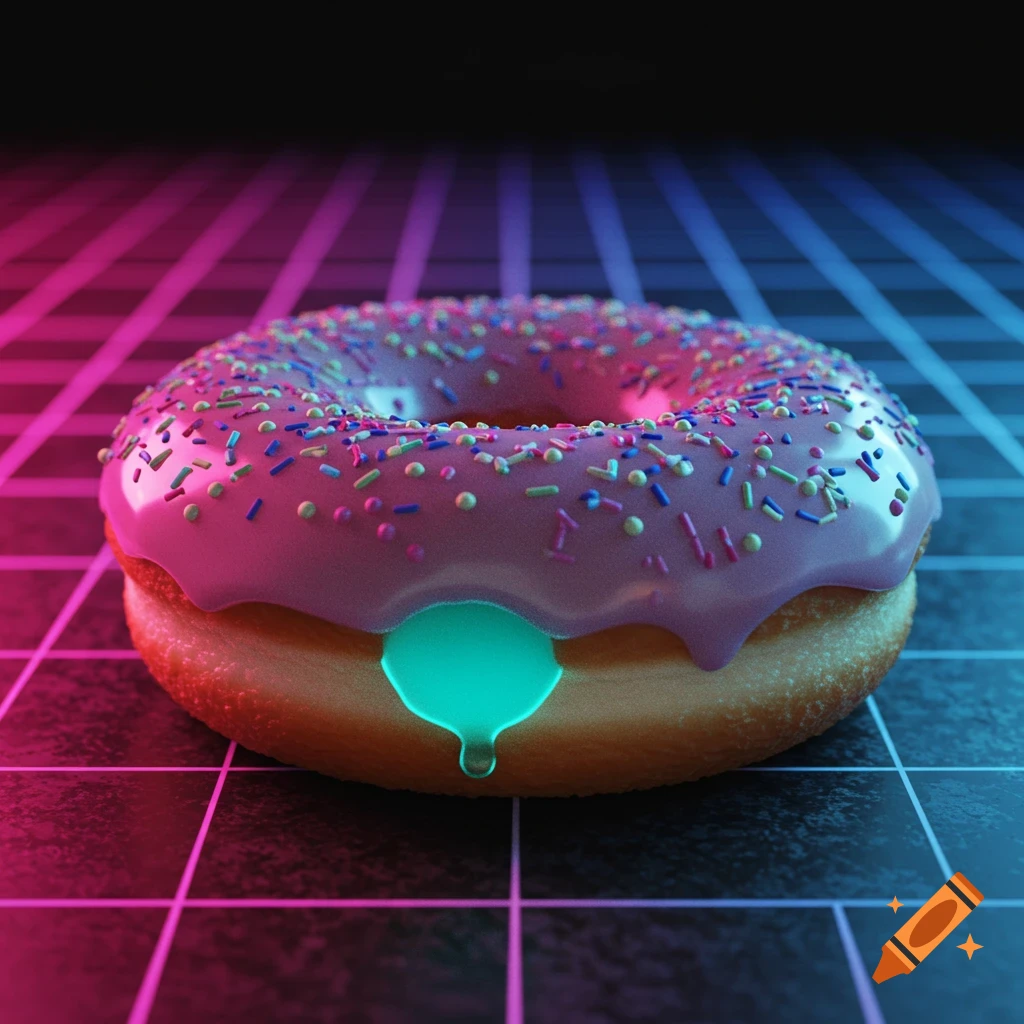 A donut with pink icing and sprinkles glows with neon light in a synthwave style setting.