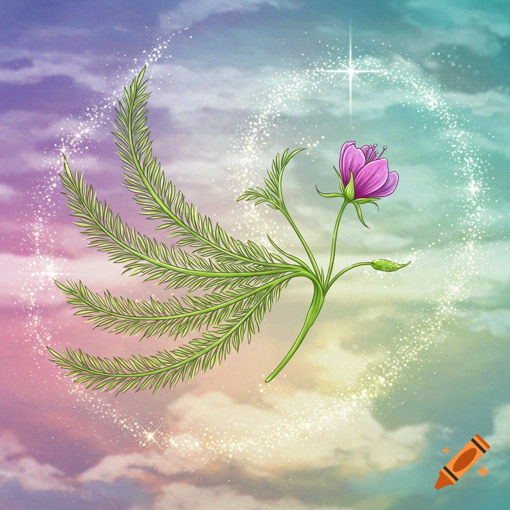 A feathered plant with a pink flower floating in a pastel sky with sparkles.