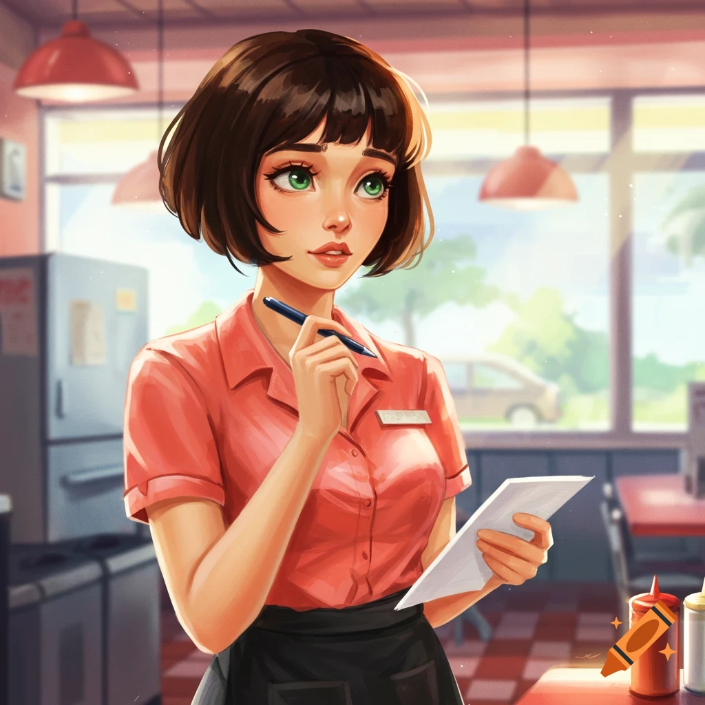 A thoughtful waitress is holding a notepad and pen in a diner.
