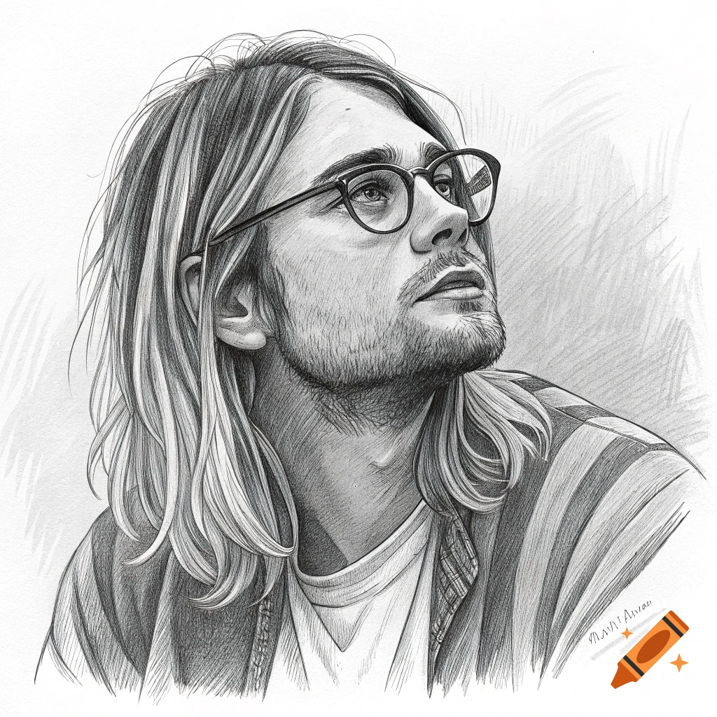 Pencil sketch portrait of a man with long hair and glasses looking up.