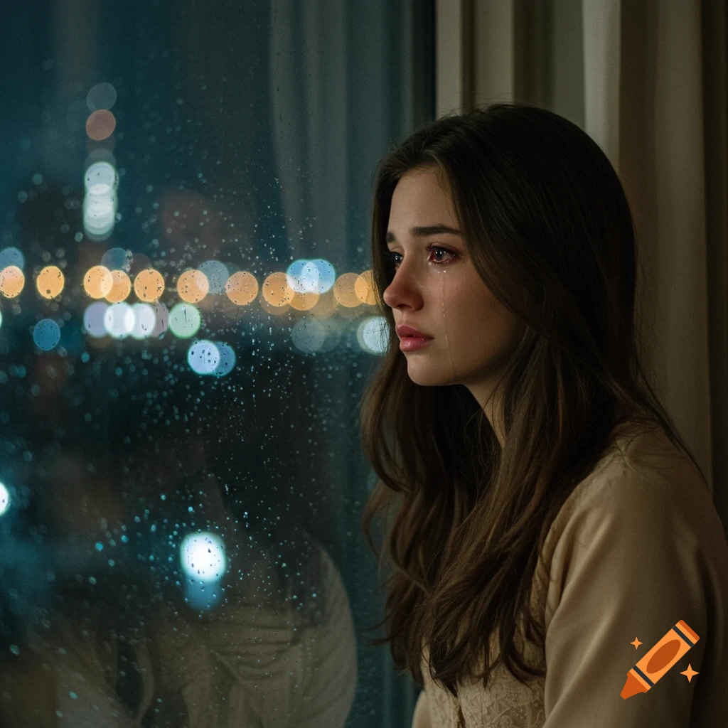 A woman with red eyes cries while looking out a rain-streaked window at night city lights.