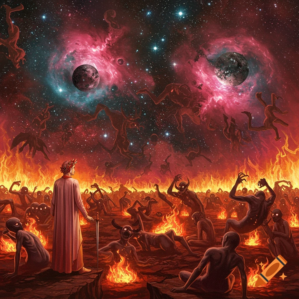 Dante in a fiery hell landscape filled with figures under a space sky with nebulae and planets.