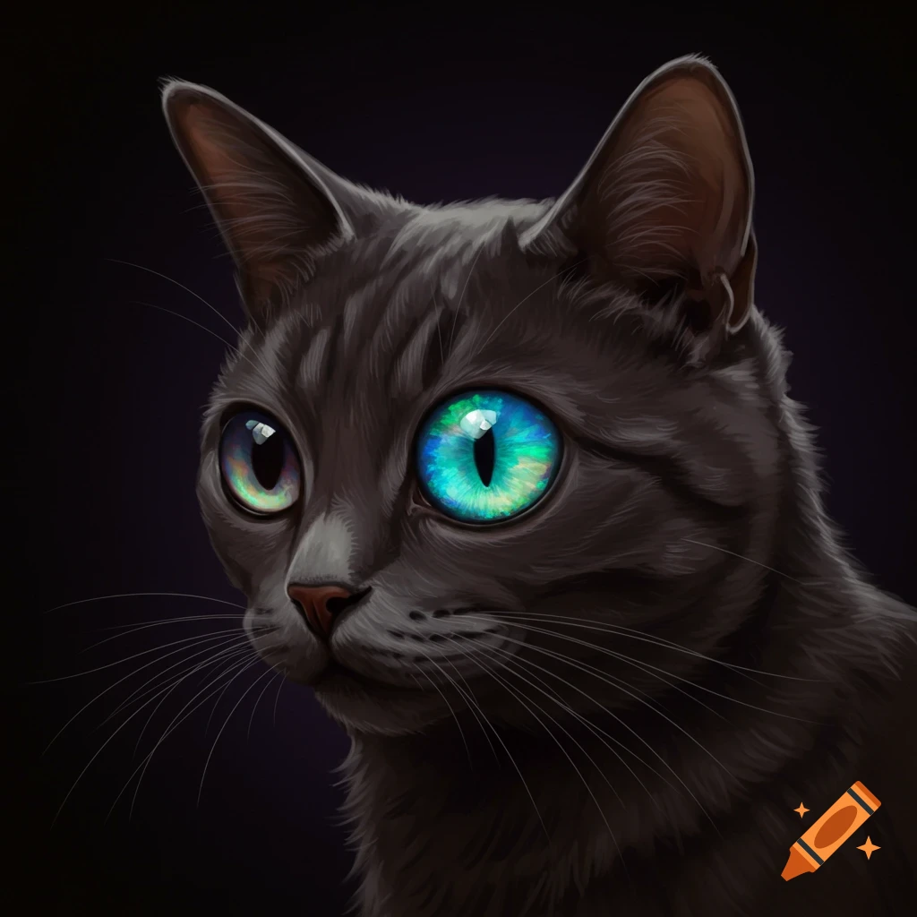 Close-up of a cat with large, colorful, iridescent eyes.