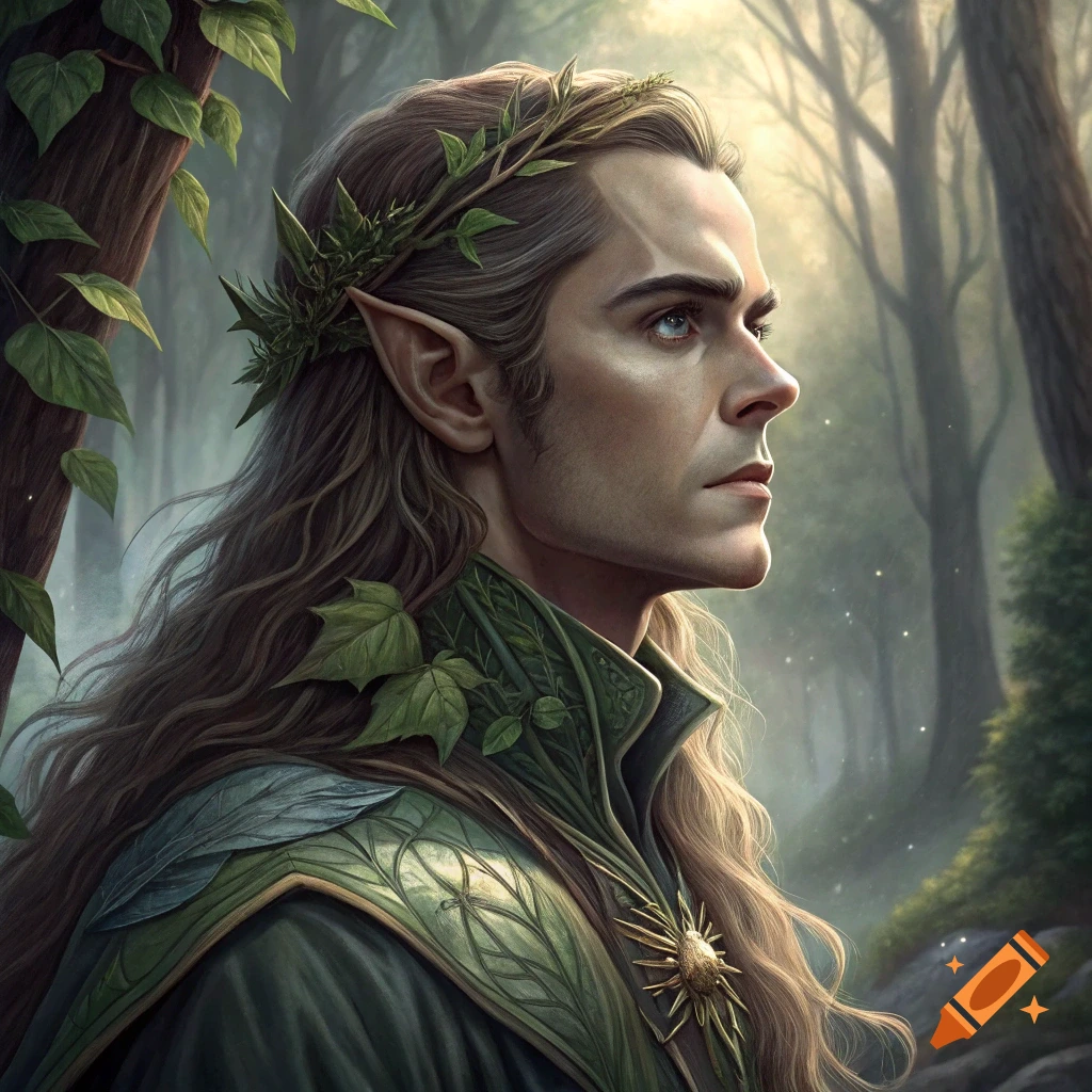 A male elf with long brown hair, pointed ears, and a green outfit stands in a forest.
