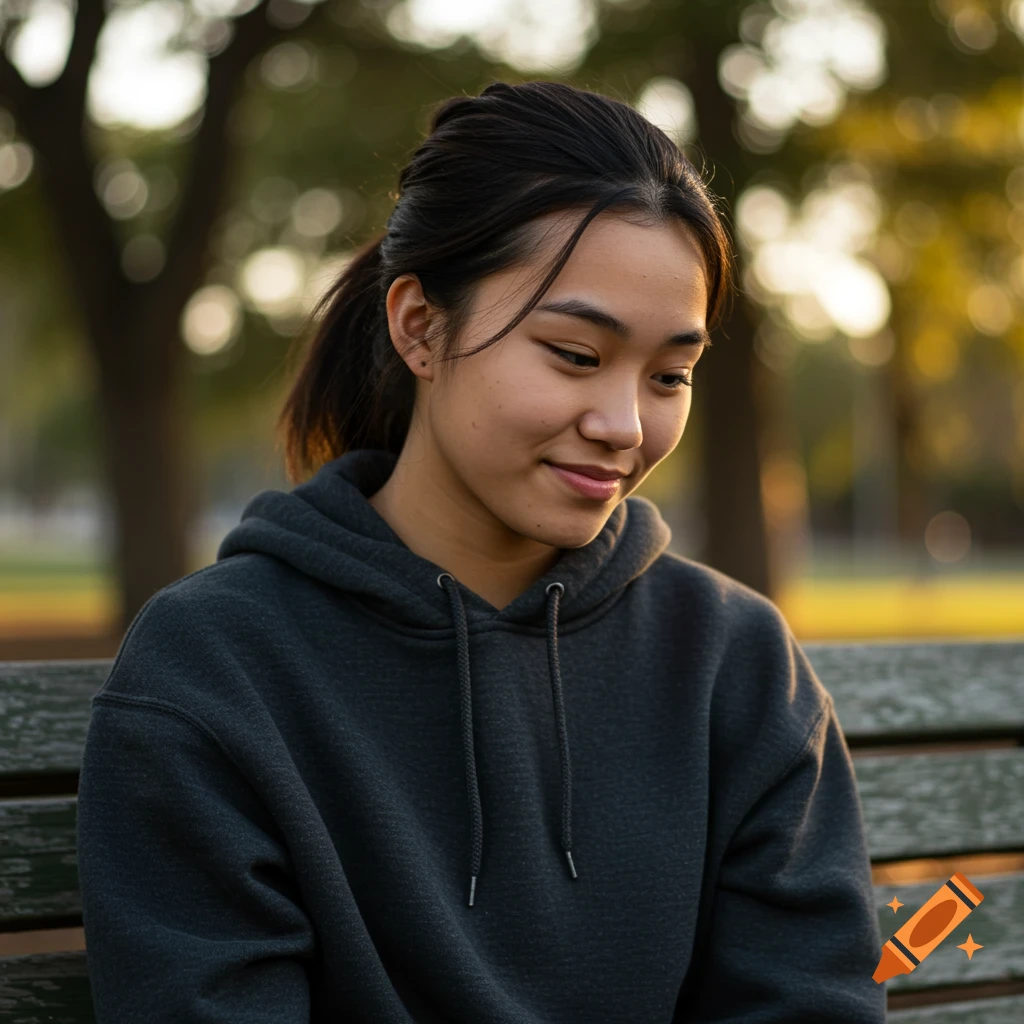 Young woman in a dark hoodie sitting on a park bench, looking down. Photorealistic.