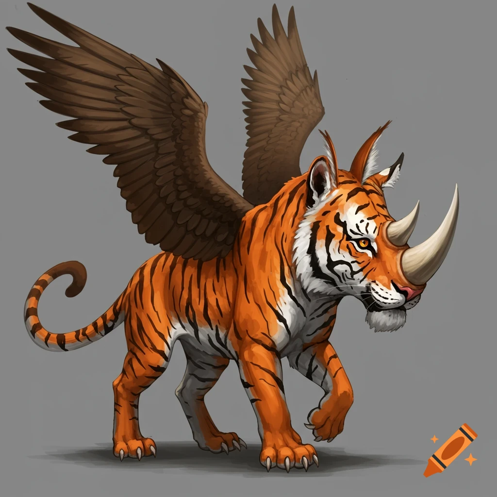 A fantasy creature with a tiger body, rhino horn, fox ears, hawk wings, and a curled tail.